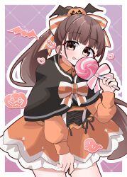  1girl absurdres bat_(animal) black_capelet blush border brown_eyes brown_hair capelet closed_mouth commentary_request cowboy_shot dress fugakutkt ghost hair_ornament hair_ribbon halloween_costume heart high_ponytail highres jack-o'-lantern jack-o'-lantern_hair_ornament long_hair looking_at_viewer official_alternate_hairstyle orange_dress outside_border ponytail ribbon shine_post solo tamaki_kyouka tongue tongue_out very_long_hair white_border 