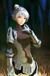  1girl absurdres android arm_armor arm_at_side armor bodysuit clothed_robot commentary dark_background facing_to_the_side from_side grass grey_hair hair_bun hand_on_own_chest head_tilt highres humanoid_robot joints looking_ahead mechanical_arms mechanical_hands parted_lips persona persona_4 persona_4:_the_ultimate_in_mayonaka_arena red_eyes ribbed_bodysuit robot robot_ears robot_girl robot_joints shijie_de_zaie_-_zhaoze short_hair shoulder_armor silver_hairband standing swept_bangs unit_#024 upper_body white_armor 