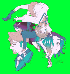  2boys 2girls amate_yuzuriha boots challia_bull commentary_request converse dated diagonal-striped_clothes diagonal-striped_necktie eyebrows_hidden_by_hair facial_hair frown goatee gradient_hair green_background gundam gundam_gquuuuuux konpane_(ohj) limited_palette long_hair medium_hair miniskirt multicolored_hair multiple_boys multiple_girls necktie nyaan_(gundam_gquuuuuux) pleated_skirt school_uniform short_hair shuji_ito signature skirt socks striped_clothes striped_necktie sweater 