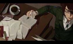  1other black_border bolo_tie book border brown_hair closed_eyes coffee collared_shirt commentary cup desk envelope eyepatch flower from_above glasses green_jacket hange_zoe hhjku256335 highres holding holding_flower holding_paper jacket letterboxed military_jacket open_book open_mouth paper paradis_military_uniform purple_ribbon quill ribbon shingeki_no_kyojin shirt sitting smile solo upper_body white_flower white_shirt 