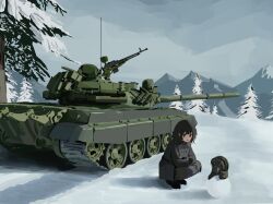  1girl black_hair coat commentary english_commentary grey_sky helmet military military_vehicle motor_vehicle mountain original outdoors scenery sky snow snowman solo t-55 tank tank_helmet tree zvezdochka61 