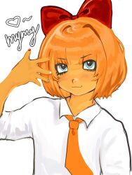  1girl absurdres blue_eyes bow colored_skin hair_bow hand_up heart highres mymy_schoppenboer nail_polish necktie non-web_source ongezellig orange_hair orange_skin portrait short_hair smile white_background 