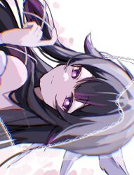  1girl artist_name bare_shoulders black_hair blunt_bangs bright_pupils chromatic_aberration closed_mouth colored_inner_hair columbina_(genshin_impact) commentary_request feathered_wings floating_hair floral_background flower from_side genshin_impact gradient_hair hair_ornament hand_up haru_sakura3915 head_wings highres long_hair looking_at_viewer multicolored_eyes multicolored_hair petals pink_eyes pink_flower purple_hair see-through_clothes see-through_veil sidelocks smile solo two-tone_hair upper_body veil very_long_hair violet_eyes white_background white_pupils wings x_hair_ornament 