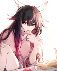  1girl black_hair collarbone columbina_(genshin_impact) cookie eating food genshin_impact hair_between_eyes hibioes highres long_hair pink_hair pink_shirt red_eyes shirt simple_background solo three-quarter_sleeves white_background 