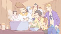  5boys abs aged_down anchor_tattoo arm_tattoo bandana black_hair blonde_hair blue_sash brown_hair chinese_commentary coat coat_on_shoulders commentary_request cooking edward_newgate epaulettes facial_hair food hand_in_pocket highres holding holding_food izou_(one_piece) jewelry male_focus mandel marco_(one_piece) meat multiple_boys mustache neckerchief necklace one_piece pearl_necklace pompadour portgas_d._ace purple_shirt sash scar scar_on_chest shirt short_hair smile smoke tattoo thatch_(one_piece) yellow_neckerchief yellow_shirt 