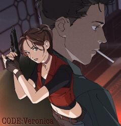  1boy 1girl artist_name belt black_gloves black_pants black_shirt blurry blurry_background breasts brother_and_sister brown_belt brown_hair chris_redfield cigarette claire_redfield copyright_name cowboy_shot cropped_vest fingerless_gloves gloves grey_eyes gun handgun highres holding holding_gun holding_weapon long_hair medium_breasts midriff mya_(mmyaaym) navel open_mouth pants ponytail red_vest resident_evil resident_evil_-_code:_veronica shirt short_hair siblings smoke smoking trigger_discipline upper_body vest weapon 
