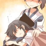  2girls akagi_(kantai_collection) blanket blush brown_hair closed_eyes kaga_(kantai_collection) kantai_collection long_hair lowres multiple_girls open_mouth rebecca_(keinelove) short_hair side_ponytail sleeping sweat 