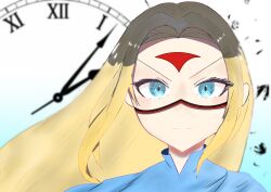  1girl absurdres artist_request bad_source blonde_hair blue_capelet blue_eyes blurry blurry_background capelet clock closed_mouth curtained_hair dot_nose eyelashes facial_mark forehead forehead_mark highres light_blush long_hair looking_at_viewer lumi_(outcore) outcore portrait red_pupils serious sidelocks solo split_mouth thick_eyelashes very_long_hair wind 
