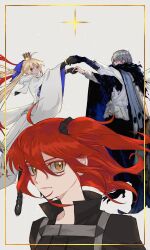  1boy 2girls ahoge amdamnet artoria_caster_(fate) artoria_caster_(third_ascension)_(fate) artoria_pendragon_(fate) blue_eyes border bracelet cape claws closed_mouth commentary_request crown fate/grand_order fate_(series) fujimaru_ritsuka_(female) fujimaru_ritsuka_(female)_(polar_chaldea_uniform) full_body fur_trim green_eyes grey_hair hair_ornament hair_scrunchie high_collar highres holding_hands jewelry light_smile long_hair long_sleeves looking_at_viewer multiple_girls oberon_(fate) oberon_(third_ascension)_(fate) orange_hair poet_shirt scrunchie serious short_hair sideways_glance star_(symbol) very_long_hair wide_sleeves 
