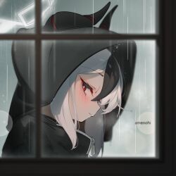 1girl alternate_costume artist_name black_hair black_hood black_hoodie black_horns blue_archive closed_mouth from_side grey_background hcii_(hcll15) highres hood hoodie horns kayoko_(blue_archive) looking_at_viewer multicolored_hair portrait rain red_eyes simple_background solo through_window two-tone_hair white_hair 