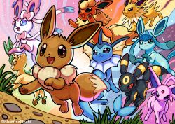  animal_focus black_fur blue_eyes bluefire_mochi bow brown_eyes brown_fur brown_sclera cetacean_tail closed_mouth colored_sclera eevee espeon evolutionary_line fangs fins fish_tail flareon forked_tail glaceon green_fur head_fins highres jolteon leafeon neck_fur no_humans open_mouth orange_fur pokemon pokemon_(creature) pokemon_focus purple_fur red_sclera ribbon smile sylveon tail umbreon vaporeon yellow_fur 