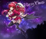  1girl alternate_costume black_legwear blush boots breasts choker cleavage hat head_wings high_heels koakuma large_breasts long_hair looking_at_viewer midriff navel pointy_ears redhead rough sack santa_costume santa_hat smile solo thighhighs touhou wings yamu_(reverse_noise) yellow_eyes 