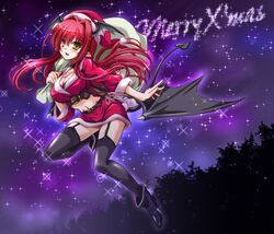  1girl alternate_costume black_legwear blush boots breasts choker cleavage hat head_wings high_heels koakuma large_breasts long_hair looking_at_viewer midriff navel pointy_ears redhead rough sack santa_costume santa_hat smile solo thighhighs touhou wings yamu_(reverse_noise) yellow_eyes 