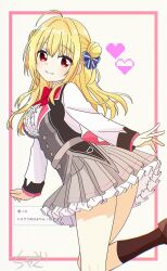  1girl absurdres ahoge belt black_socks blonde_hair blue_bow bow bowtie breasts buttons center_frills closed_mouth commentary_request crosspuzzle diamond_button double_bun fan_request feet_out_of_frame floating_hair frilled_shirt frilled_skirt frills from_behind grey_belt grey_skirt hair_between_eyes hair_bow hair_bun hair_over_shoulder hamidashi_creative heart highres inset_border izumi_hiyori kneehighs kneepits large_breasts long_hair long_sleeves looking_at_viewer miniskirt outstretched_hand pixel_heart pleated_skirt red_bow red_bowtie red_eyes request_inset school_uniform shirt sidelocks signature simple_background skirt smile socks solo split_mouth standing standing_on_one_leg thighs two_side_up white_background white_shirt 
