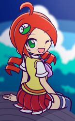 1girl :d ;d andou_ringo aqua_background ass back blue_background blue_thighhighs blurry blurry_background breasts character_hair_ornament cliff collared_shirt day drill_hair from_behind furiousth green_eyes green_hairband hair_ornament hairband hairclip highres long_hair looking_at_viewer one_eye_closed open_mouth puyo_(puyopuyo) puyopuyo puyopuyo_20th_anniversary red_skirt shirt short_sleeves skirt smile solo sweater_vest thigh-highs twin_drills vest white_shirt yellow_vest 