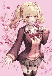  1girl :d ahoge black_choker black_thighhighs blazer blonde_hair blue_streaks bow breasts cardigan check_flower cherry_blossoms choker collarbone collared_shirt commentary cowboy_shot cross-laced_clothes cross-laced_skirt flower flower_request garter_straps gradient_hair grey_skirt hair_intakes hair_ribbon hand_up heterochromia highres hoshikawa_sara hoshikawa_sara_(4th_costume) jacket jewelry komeshiro_kasu long_hair long_sleeves looking_at_viewer miniskirt multicolored_hair nijisanji offering_hand official_artist_extra open_clothes open_hand open_jacket open_mouth petals pink_background pink_flower pink_hair pleated_skirt red_bow red_eyes red_ribbon ribbon ring school_uniform shirt skirt sleeves_past_wrists smile solo star_(symbol) streaked_hair thigh-highs twintails virtual_youtuber white_shirt yellow_eyes 