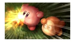  blush_stickers border colored_skin commentary_request emphasis_lines grass kirby kirby_(series) looking_at_another motion_blur no_humans orange_skin pink_skin shading_eyes shiburingaru spitting spitting_seed waddle_dee white_border wide_hips 