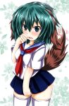  1girl alternate_costume animal_ears breasts clenched_hand ebi_193 floral_background green_eyes green_hair hand_on_own_face kasodani_kyouko looking_at_viewer miniskirt motion_lines open_mouth school_uniform serafuku short_sleeves skirt skirt_hold solo tail thighhighs touhou zettai_ryouiki 