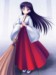  1girl bishoujo_senshi_sailor_moon black_hair broom commentary_request hakama hakama_skirt highres hino_rei holding holding_broom japanese_clothes kimono long_hair looking_at_viewer miko mimimix red_hakama sandals skirt socks solo tabi violet_eyes white_kimono white_socks wide_sleeves 