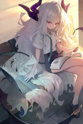  1girl absurdres ahoge alternate_costume black_horns blue_archive blue_necktie book closed_mouth commentary_request computer crossed_legs demon_horns highres hina_(blue_archive) holding holding_book horns korean_commentary laptop lizchief long_hair looking_at_object low_wings multiple_horns necktie open_book pencil_skirt purple_wings shirt short_sleeves single_hair_intake sitting skirt socks solo very_long_hair violet_eyes white_hair white_shirt white_socks wings 