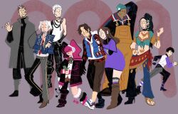  ._. 3girls 5boys aqua_hat arm_behind_head arm_up beanie beard black_boots black_hairband black_pants black_shoes blue_jacket blue_pants blue_shoes blue_vest blush boots bow brown_boots brown_hair brown_pants brown_shoes closed_eyes closed_mouth coat commentary curtained_hair dark-skinned_male dark_skin dress earmuffs english_commentary facial_hair front-tie_top glasses grey_background grey_coat grey_pants hair_bun hairband hand_in_pocket hand_on_own_chin hat high_heel_sandals high_heels high_ponytail highres holding hood hood_down hoodie ichimiya_(kyokugen_dasshutsu) jacket junpei_(kyokugen_dasshutsu) kurashiki_akane kyokugen_dasshutsu kyokugen_dasshutsu:_9_jikan_9_nin_9_no_tobira layered_sleeves long_hair long_sleeves mature_male midriff motion_lines multicolored_hair multicolored_socks multiple_boys multiple_girls necktie niels_(kyokugen_dasshutsu) ninth_man_(kyokugen_dasshutsu) notice_lines o-ring o-ring_top open_clothes open_coat open_jacket open_mouth open_vest overalls pants pink_hair plaid_bow plaid_clothes plaid_shirt plaid_skirt ponytail purple_dress purple_shirt red_bow red_necktie red_shirt red_skirt round_eyewear sandals santa_(kyokugen_dasshutsu) scar scar_on_cheek scar_on_face seven_(kyokugen_dasshutsu) shirt shoes short_over_long_sleeves short_sleeves single_hair_bun single_side_bun skirt smile socks standing tank_top toes twintails twistedmind69xx two-tone_hair vest waving white_hair white_hoodie white_shirt white_tank_top white_vest yashiro_(kyokugen_dasshutsu) yellow_overalls yellow_sandals yotsuba_(kyokugen_dasshutsu) 