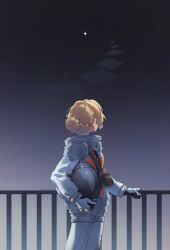  1girl astronaut blonde_hair chumbits commentary cowboy_shot english_commentary facing_away from_side hair_bun hand_on_railing helmet highres holding holding_unworn_helmet kiperina looking_to_the_side night outdoors railing reverse:1999 sky solo space_helmet spacesuit star_(sky) starry_sky unworn_headwear unworn_helmet 