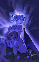  2girls absurdres arms_around_neck ascot bat_wings commentary_request crystal_wings dress flandre_scarlet hand_on_another's_arm highres hug hug_from_behind ku2_(user_zdun4452) multiple_girls night puffy_short_sleeves puffy_sleeves purple_thighhighs red_eyes remilia_scarlet sailor_collar short_sleeves sky thigh-highs touhou wings 