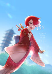  1girl :d ;d absurdres alternate_costume arezu_(pokemon) arrow_(projectile) clear_sky commentary_request day happy highres japanese_clothes kimono long_sleeves mars_(pokemon) one_eye_closed open_mouth outdoors pani_(k43282) pokemon pokemon_diamond/pearl/platinum red_kimono sky smile solo tower wide_sleeves 