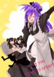  ;q alternate_costume amane_nishiki blazblue blazblue:_chrono_phantasma blue_eyes character_request enmaided half_updo hyakuhachi_(over3) long_hair maid maid_apron maid_headdress purple_hair tongue trap wink 