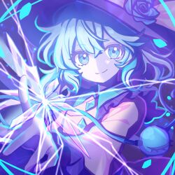  1girl black_hat blue_flower blue_rose bow buttons closed_mouth collared_shirt commentary_request diamond_button disembodied_linked_eye eyeball flower frilled_shirt_collar frilled_sleeves frills green_eyes green_hair hair_between_eyes hat hat_bow hat_flower highres komeiji_koishi long_sleeves looking_at_viewer madeno rose shirt smile solo touhou upper_body wide_sleeves yellow_bow yellow_shirt 