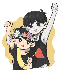  2boys alternate_costume antenna_hair arm_up black_eyes black_hair black_shirt black_tank_top blush bright_pupils clenched_hand collarbone colored_skin commentary_request double-parted_bangs dual_persona flag flower flower_wreath hair_between_eyes head_wreath highres holding holding_flag looking_at_viewer male_focus multiple_boys omori omori_(omori) open_mouth shirotsume_143 shirt short_hair short_sleeves sunny_(omori) t-shirt tank_top teeth upper_teeth_only white_pupils white_skin 