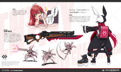  1girl absurdres animal_ears antenna_hair asymmetrical_legwear backpack bag batting_stance bayonet black_coat black_hat black_shoes coat commentary_request criss-cross_straps dot_nose english_text fighting firing from_behind fukai_ryosuke full_body gun hat highres holding holding_gun holding_weapon huge_weapon long_hair lying multiple_views on_bed on_stomach open_mouth original rabbit_ear_headwear rabbit_ornament randoseru red_bag red_hair rifle shoes smile standing swinging_weapon two-tone_hat v weapon white_hat 