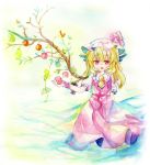  1girl alternate_wings apple blonde_hair bow flandre_scarlet food fruit hat hat_bow highres kuromame_(8gou) looking_at_viewer mob_cap open_mouth pencil_crayon_(medium) pink_eyes shirt side_ponytail skirt skirt_set solo touhou traditional_media twig vest watercolor_(medium) wings 