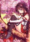  1girl blush brown_hair cherry_blossoms highres kantai_collection long_hair nazu-na personification petals pink_eyes ponytail sitting skirt solo thighhighs tree yamato_(kantai_collection) 
