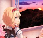  2girls alice_margatroid blonde_hair blue_eyes broom broom_riding capelet chair clouds flower forest hairband kirisame_marisa lolita_hairband looking_at_viewer looking_back mountain multiple_girls nature nogisaka_kushio open_window sitting smile sunset touhou turning 