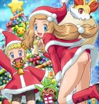  2girls :d :o ass bell bike_shorts blonde_hair blush_stickers boots bow box brown_hair chespin christmas christmas_tree dedenne dress eureka_(pokemon) fennekin froakie gift gift_box hat long_hair low-tied_long_hair mittens multiple_girls open_mouth panties pikachu pokemoa pokemon pokemon_(anime) pokemon_(creature) sack santa_costume santa_hat serena_(pokemon) side_ponytail smile sparkle star underwear 