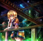  1girl arm_support arm_warmers blonde_hair blush bridge cave glowing green_eyes light_particles mizuhashi_parsee pointy_ears railing satoji_(ochanomkmskry) scarf shirt short_sleeves skirt solo touhou 