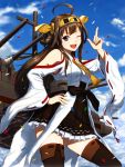  1girl bare_shoulders black_legwear blue_sky blush brown_hair cannon clouds confetti detached_sleeves double_bun grey_eyes hair_ornament hairband headgear japanese_clothes kantai_collection kongou_(kantai_collection) long_hair miko nontraditional_miko open_mouth personification shin_(world_3000) skirt sky smile solo thigh-highs turret wink 
