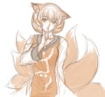  1girl animal_ears dress finger_to_mouth fox_ears fox_tail highres kuro_suto_sukii long_sleeves looking_at_viewer multiple_tails no_hat rough shushing simple_background smile solo tabard tail touhou white_background yakumo_ran 