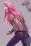  1boy chibi_inset diavolo jojo_no_kimyou_na_bouken komora lipstick long_hair makeup pink_hair sign solo vinegar_doppio wristband 