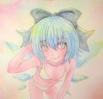  1girl acrylic_paint_(medium) bikini blue_eyes blue_hair bow cirno collarbone graphite_(medium) hair_bow hand_in_hair highres ice ice_wings leaning_forward lips short_hair simple_background smile solo swimsuit touhou traditional_media watercolor_(medium) white_bikini white_swimsuit wings yuyu_(00365676) 