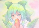  1girl acrylic_paint_(medium) blue_eyes blue_hair bow cirno eating food fruit graphite_(medium) hair_bow ice ice_wings open_mouth short_hair solo teeth touhou traditional_media watercolor_(medium) watermelon wings yuyu_(00365676) 