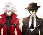  2boys blazblue cloak fedora glowing glowing_eye green_eyes green_hair hat hazama heterochromia multiple_boys necktie ragna_the_bloodedge red_eyes short_hair silver_hair yellow_eyes 