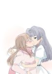  2girls agenasu blue_hair blush brown_hair eye_contact glasses hirose_sumire hug long_hair looking_at_another matsumi_yuu multiple_girls saki scarf simple_background sketch smile white_background yuri 