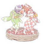  2girls barrel bell brown_hair flower food fruit grape_stomping grapes hair_bell hair_flower hair_ornament hieda_no_akyuu japanese_clothes kimono long_sleeves mitsumoto_jouji motoori_kosuzu multiple_girls obi purple_hair sash simple_background stomping touhou twintails white_background wide_sleeves 