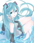  1girl absurdres aqua_eyes aqua_hair arm_support detached_sleeves hatsune_miku highres looking_back nemu_(nebusokugimi) partially_submerged sitting skirt solo vocaloid water 