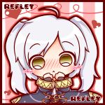  1girl ahoge blush blush_stickers brown_eyes character_name chibi fire_emblem fire_emblem:_kakusei hands_on_own_face heart hooded_cloak long_coat looking_at_viewer my_unit solo super_smash_bros. twintails valentine white_hair 
