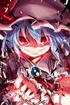  1girl ascot ayakashi_(monkeypanch) blue_hair brooch bust crazy_smile dress fangs hat hat_ribbon highres jewelry looking_at_viewer mob_cap pink_dress puffy_sleeves red_eyes red_nails remilia_scarlet ribbon rough shaded_face short_sleeves slit_pupils solo touhou 