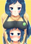  1boy 1girl blue_eyes blue_hair blush breast_rest breasts breasts_on_head gundam gundam_build_fighters hug hug_from_behind iori_rinko iori_sei long_hair looking_at_viewer mother_and_son ribbed_sweater shiho_(acoram) short_hair smile striped striped_background sweater yellow_background 