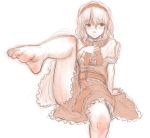  1girl alice_margatroid barefoot blush capelet dress embarrassed hairband hand_on_own_chest highres kuro_suto_sukii looking_away outstretched_foot outstretched_leg rough sash simple_background sitting solo touhou white_background 